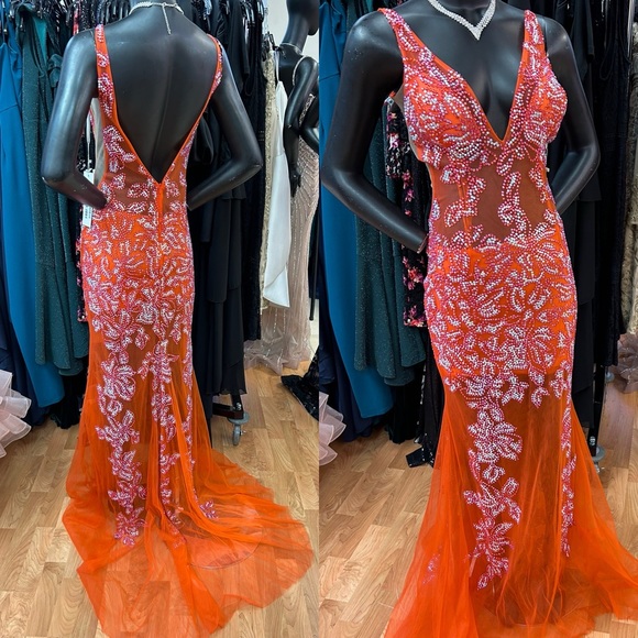 Jovani 08275 tangerine size 8 beaded and tulle long dress - Picture 2 of 7